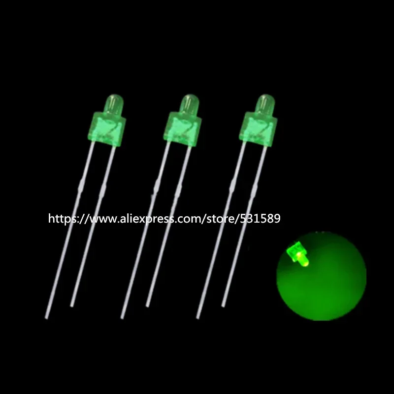 

1000PCS 2MM DIP LED Lamp long legs Tower package Green flat top led Diffused 1.8-2.4V