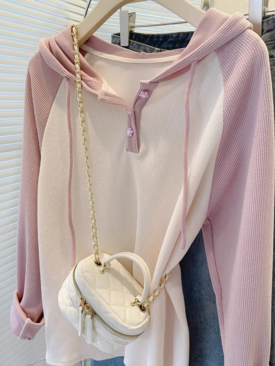 Slim Fit Long Sleeve Button up Hoodie T-Shirt Women's Spring Autumn Fashionable Top High End Feeling Commute Style Korean Ver...