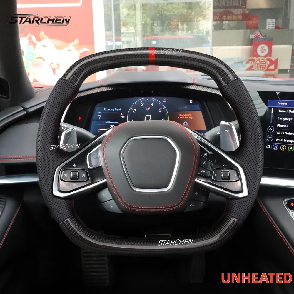 Real Carbon Fiber Steering Wheel for Chevrolet Corvette C8 2020-2024, Red Stripe Perforated Leather with Flat Top Bottom (Non-heated)