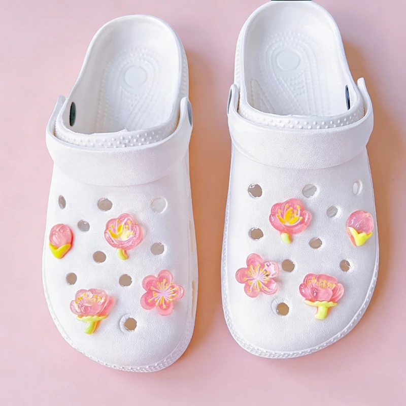 Pink Blue Ice Transparent Sakura Hole Shoes Accessories Breathable Slip-On Shoe Inserts Flower Patterned Footwear Decorations
