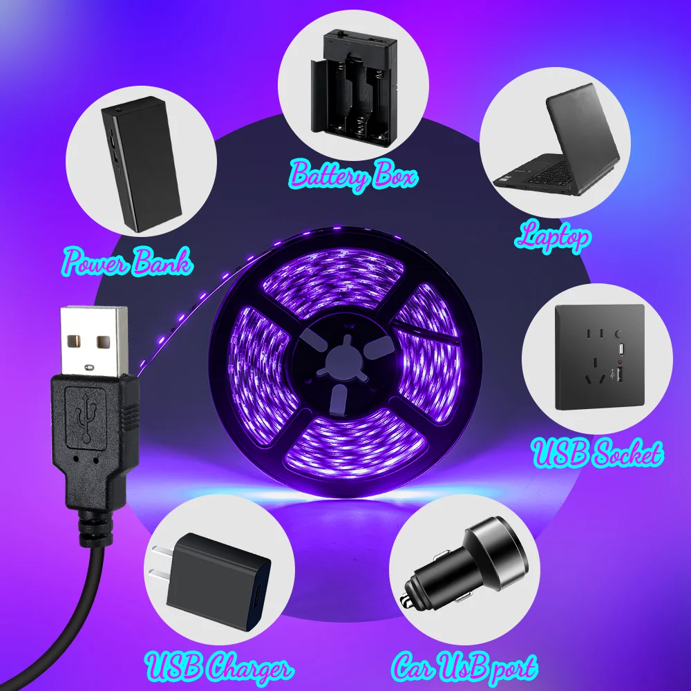 2-10M USB LED Light Strip, LED Black Light 385-400nm UV Light, Cuttable for Christmas Fluorescent Party Neon Room Decor Tapestry