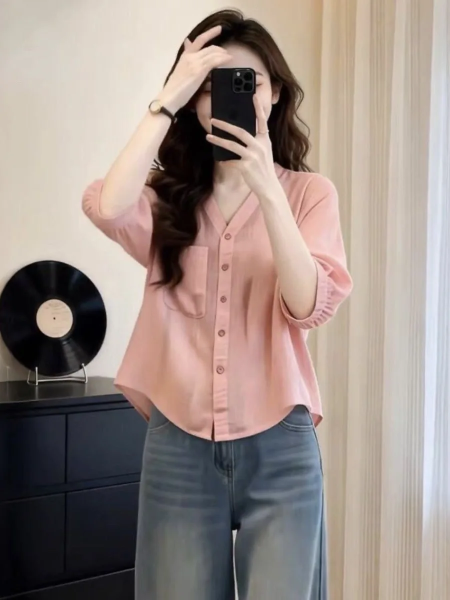 

Slimming V-Neck 7/8 Sleeve Shirt Women's Summer New Style plus Size Breathable Comfortable Commute Fashion Polyester Blend