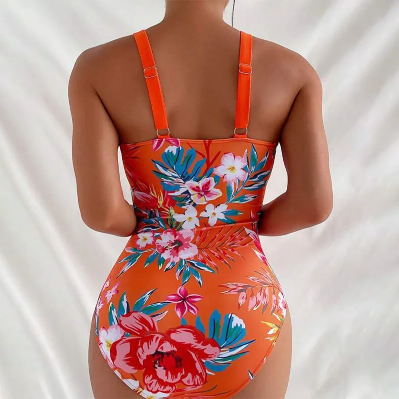 Deep V Sexy Strappy Swimsuit One Piece Printed Floral Swimwear Bathers Bathing Padded Beachwear Summer Women's Bikinis 2025