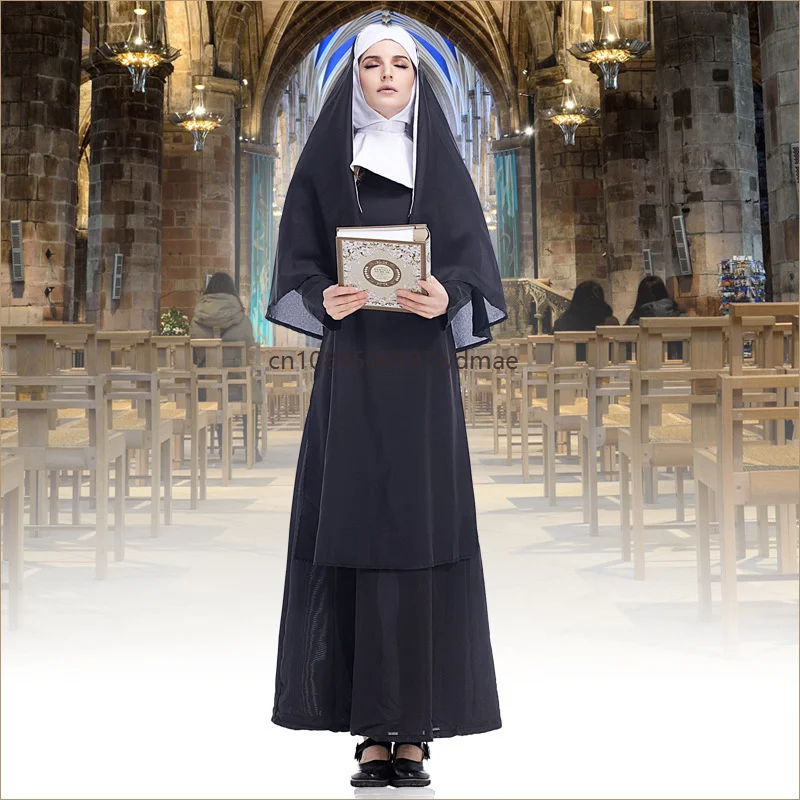 

Adult Nun Sister Robe Costume Women Christian Missionary Catholic Cosplay Carnival Fancy Dress Balck Long Dress