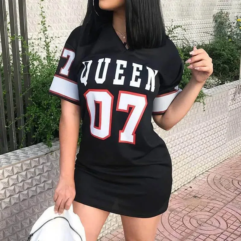 T Shirt Dress Women Short Dress Hip Hop Queen Printed Long T Shirt Loose V Neck Sexy Mini Dress Robe Camiseta Vestidos