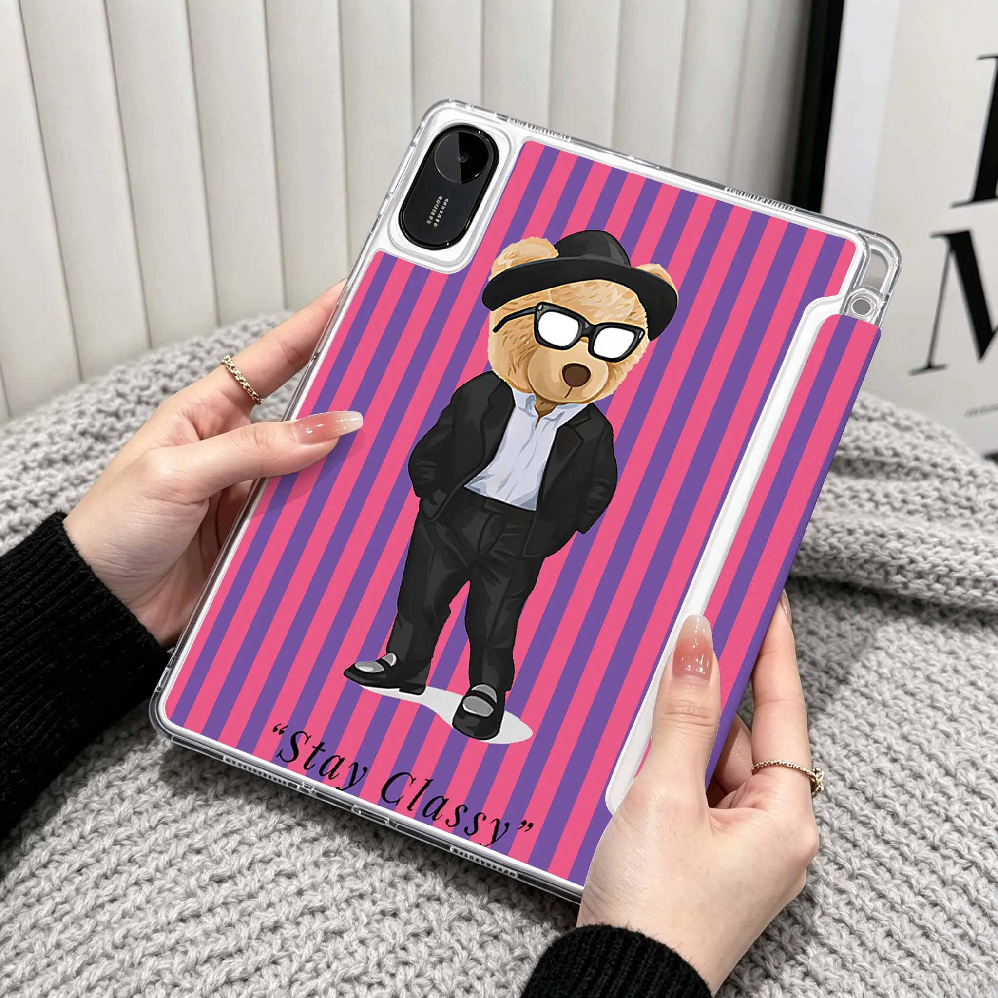 Cartoon Bear Suit Glasses For Xiaomi Redmi Poco Pad 5 6 7 8 Pro SE 11 11.2 12.1 Inch Transparent Y-Shaped Folding Tablet Case