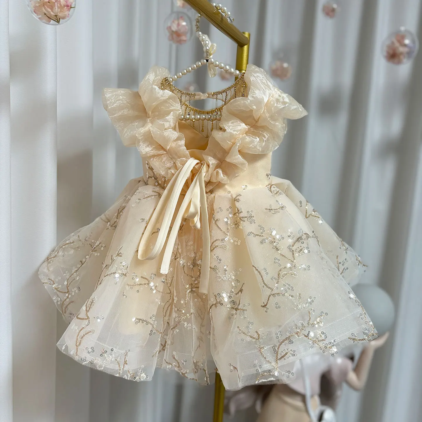 Jill Wish Luxury Arabic Beige Girl Dress Beading Dubai Baby Kids Princess Birthday Wedding Party Children Clothes 2024 J202