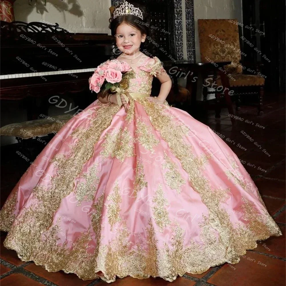 Girls Ball Gown Princess Dress Golden Applique Wedding Party Flower Girl Dress Customized Kids Backless Pageant Communion Gown