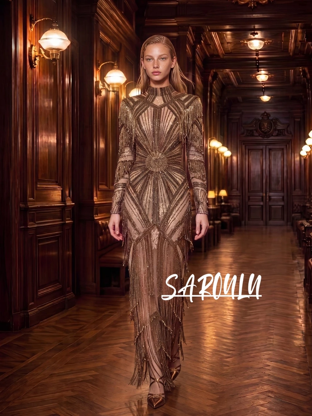 Luxury Gold Fringe Beaded Evening Dress Long Sleeve Sheer Mesh See Through Maxi Prom Gown Customized Glitter Arabic Gala Wear