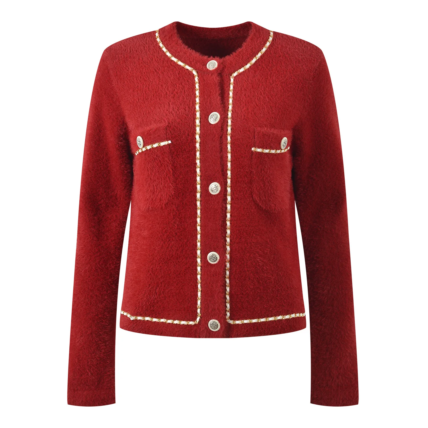 เสื้อคาร์ดิแกนถักไหมพรม แขนยาว ทรงหวาน สีน้ำเงินทอง นุ่ม สบาย ใส่ได้หลายโอกาส แฟชั่นผู้หญิง ฤดูใบไม้ผลิ