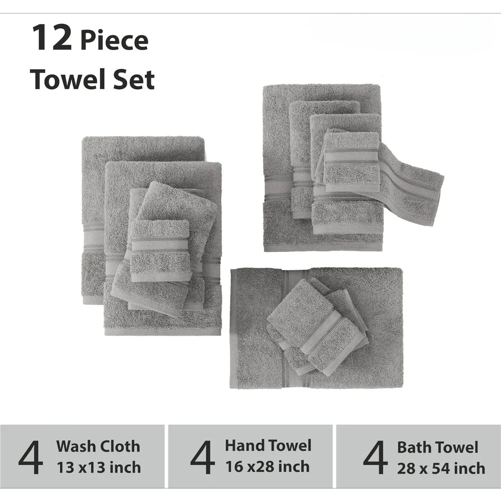 12 Piece Bath Towel Set, 100% Cotton, Quick Dry & Strong Absorbent, Soft, 4 Bath Towels, 4 Hand Towels and 4 Washcloths Towels