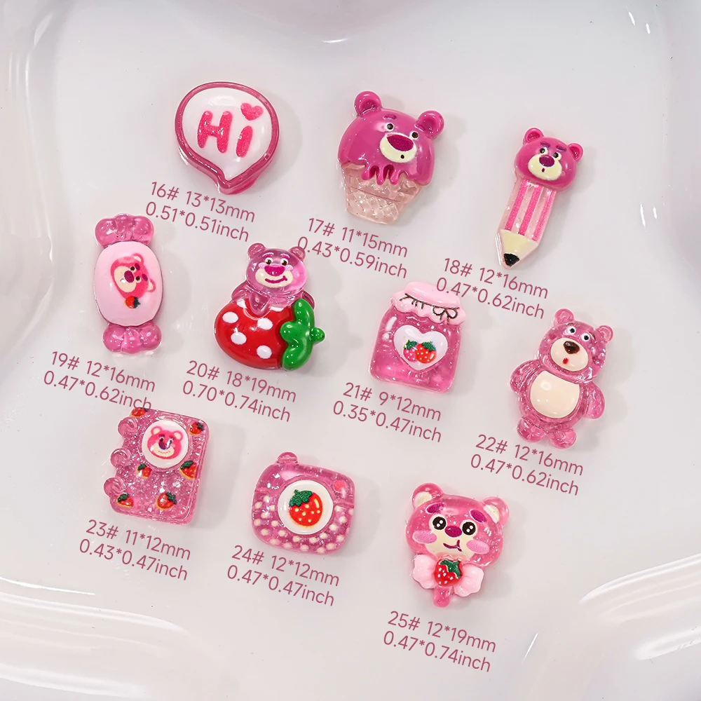 10개 핑크 투명 만화 곰 네일 아트 참 레진 딸기 미니 플랫 백 장식 DIY 휴대폰 케이스 데코레이션