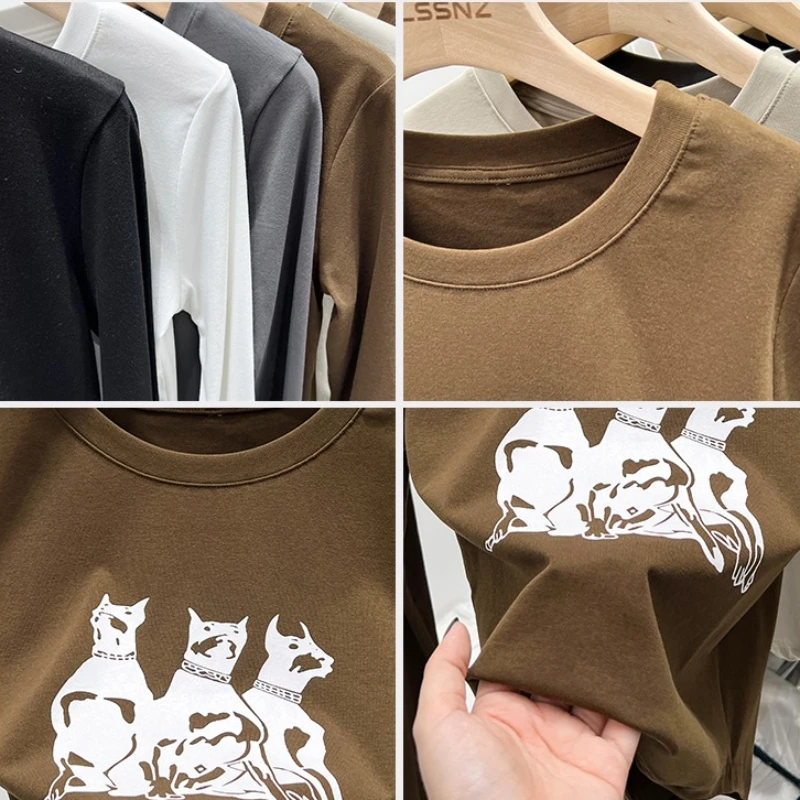 تنوعا سليم صالح القمم الخريف الشتاء تي شيرت المرأة شيك مطبوعة القطن بأكمام طويلة س الرقبة الكورية نمط بسيط قاعدة طبقة تيز