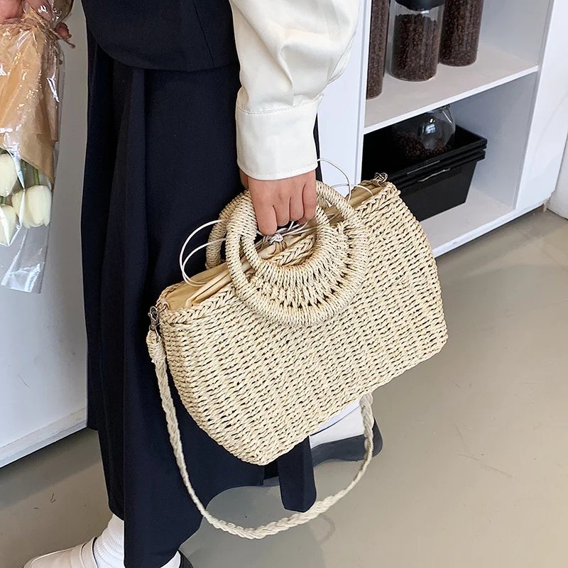 Ladies Round Handle Straw Tote Bags for Women 2023 Summer Hit Trendy Fashion Shoulder Side Bag Lady Beach Handbags