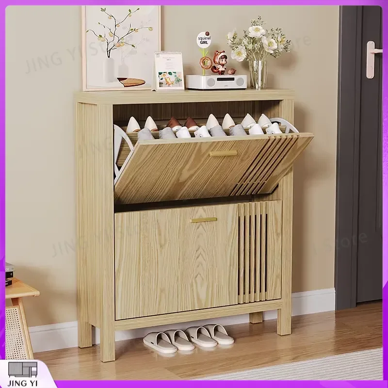 Ultra-Thin Wood Color 2-Tier Shoe Cabinet for Living Room Corridor Entrance Storage Space Saving Organizer Shoe Rack Home