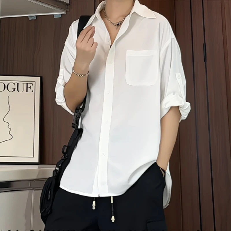 2024 Korean Fashion Mens Shirt Spring Summer New Loose Casual Long-sleeved Lapel High Street Male Suit Shirt White Black Shirts