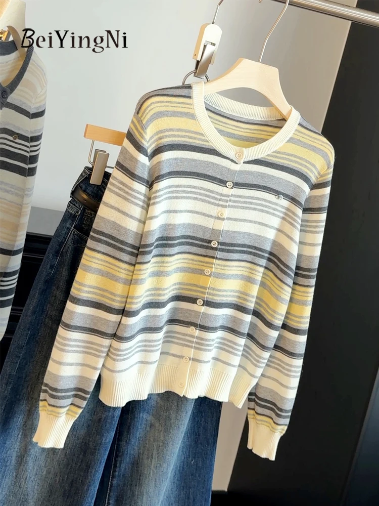 Beiyingni New Arrival Women's Cardigans Striped O-neck Knit Tops Ladies Autumn Winter Korean Sweater Elegant Simple Cardigan