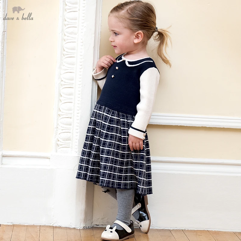 Dave Bella Preppy Style Children\'S Clothing Autumn Girls Long-Sleeved Dress Fashion Student Navy Dress DB3222669