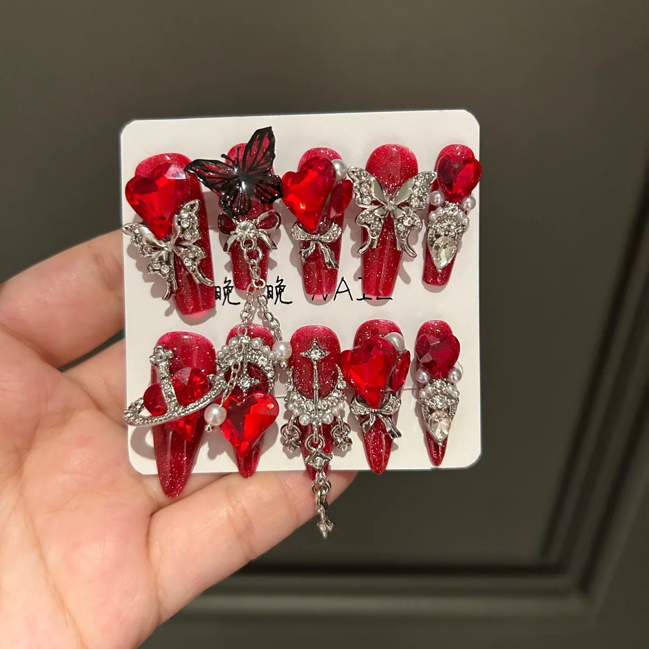 

New Year Red Nail Art - Bridal Wearable False Nails (Handmade Finished Products)