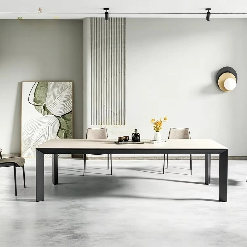 Light Gray Marble Top Rectangular Dining Table Black Matte Metal Frame Legs Home Kitchen Restaurant Furniture 6 8 Seater