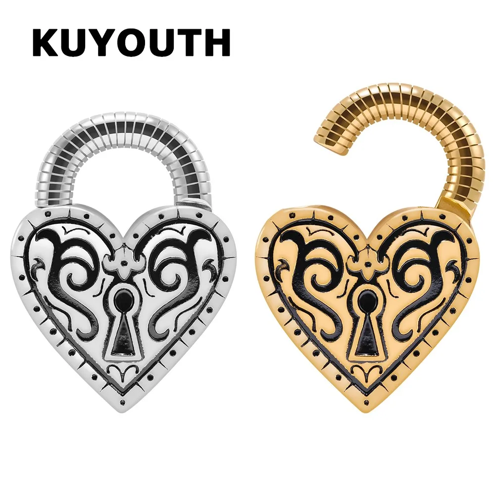 KUYOUTH Retro Stainless Steel Heart Lock Magnet Ear Weight Gauges Body Jewelry Earring Piercing Expanders Stretchers 2PCS