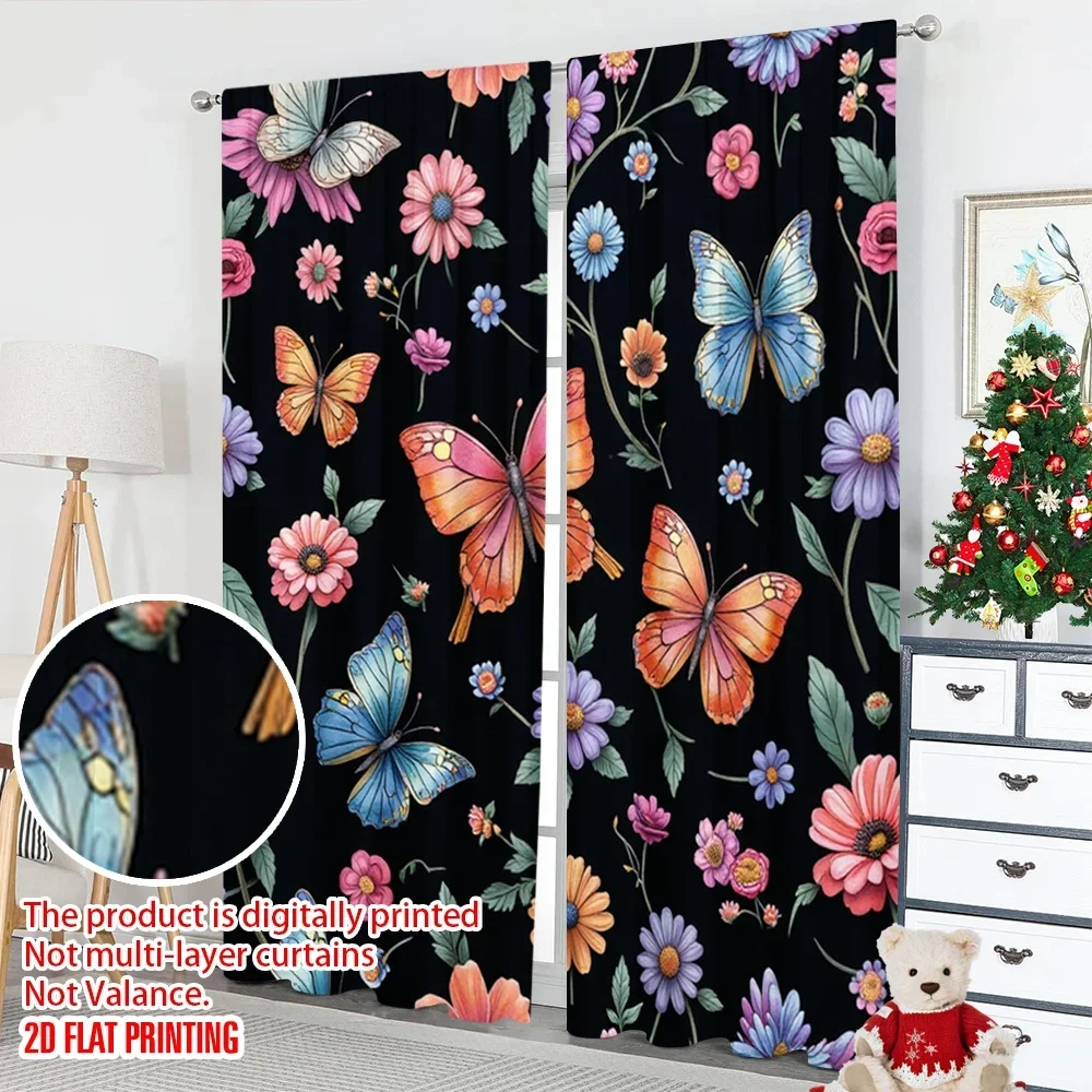 2 قطعة 2D الطباعة المسطحة المشهد الستار نابضة بالحياة فراشة الأزهار الرقمية المطبوعة البوليستر الستائر احتفالية جدار ديكور استخدام لقضاء عطلة #5
