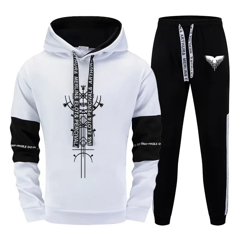 

Mens Tracksuit Warm Hooded Sweatshirt+Sweatpants 2 Pcs Sets Winter High Quality Black White Top Or Pants Casual Jogging Clothing