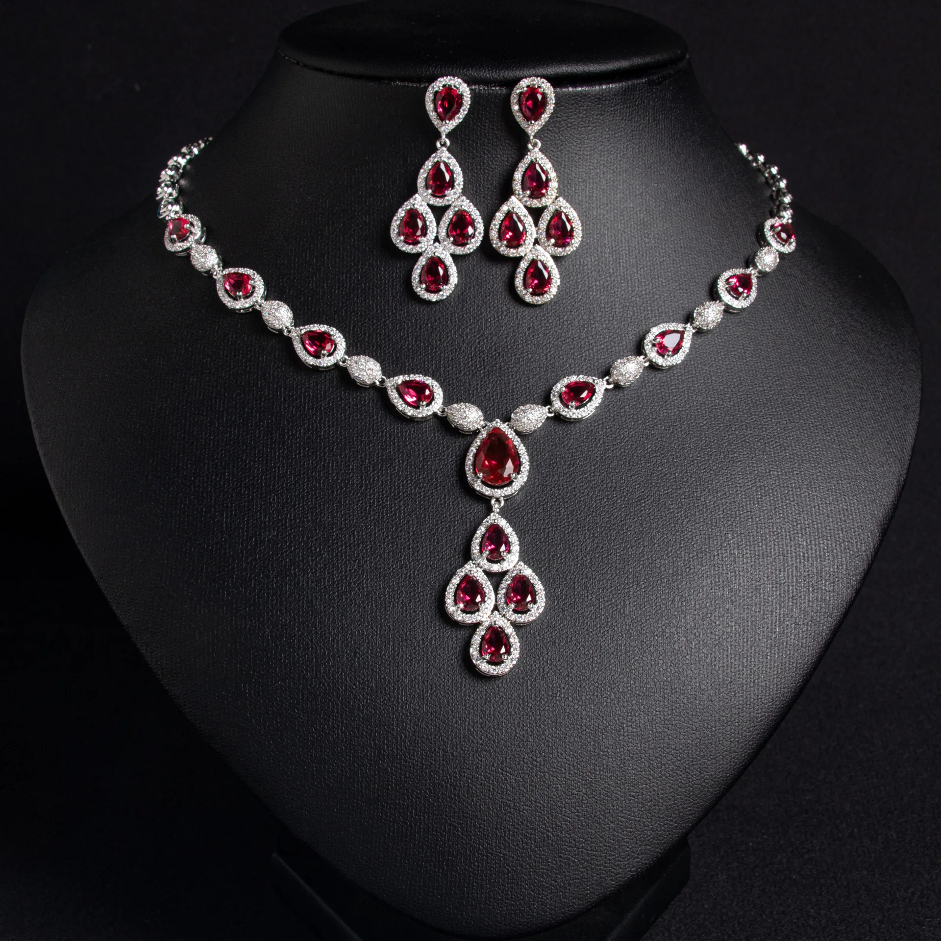 

Classic retro color water drop zircon copper bride necklace collarbone chain long earrings two-piece set