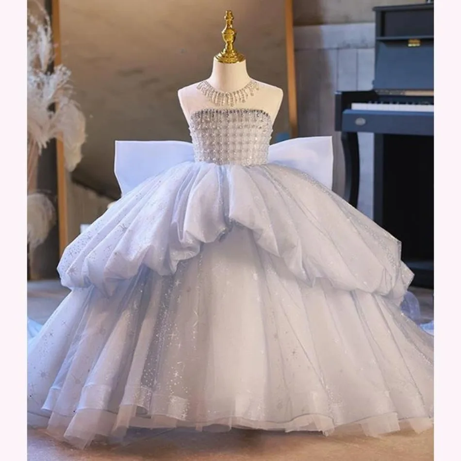 Princess Ball Gowns for Young Girls Kids Girl Sleeveless Beading Big Bowknot Mermaid Dress Infant Luxury Party Costume Vestidos