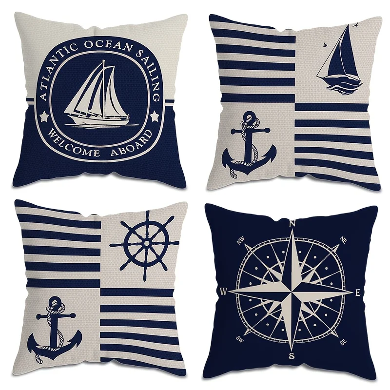 

Набор из 4 наволочек VIKAMA в морском стиле, синяя холщовая ткань с узором в виде якоря, декоративные чехлы для подушек для дома