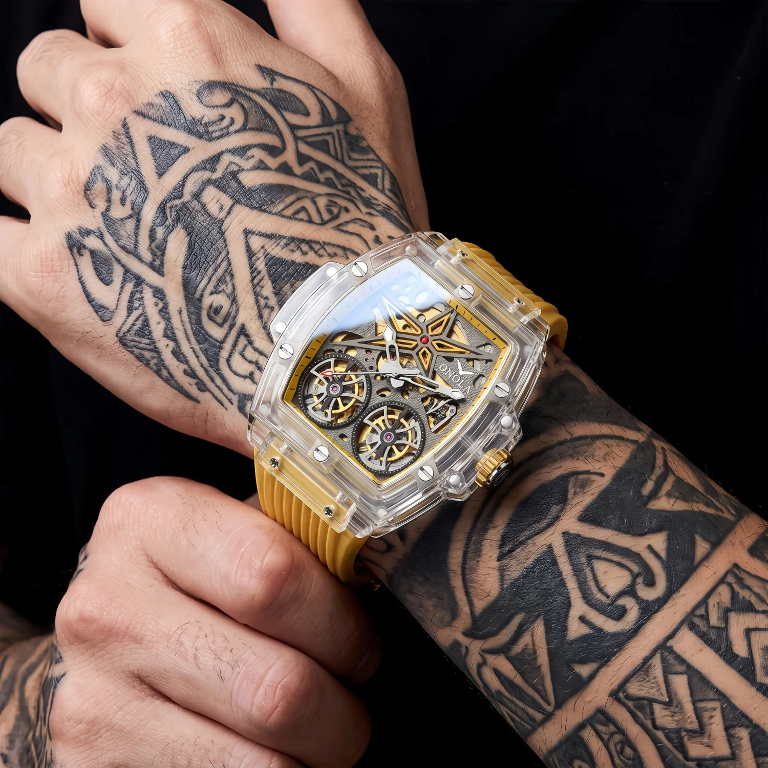 watches men ONOLA Luxury Fashion Plastic Transparent Hollow Full Automatic Mechanical Watch for Men Waterproof Clock