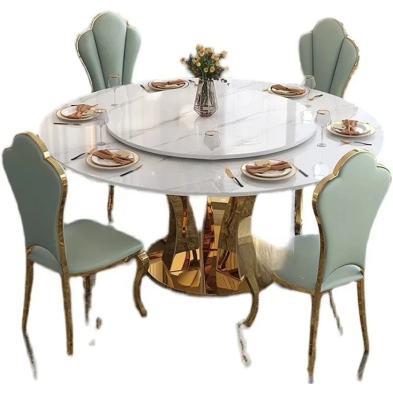 

Italian Dining Tables and Chairs Set Light Luxury Bright Stone Plate Dining Table with Turntable round Household