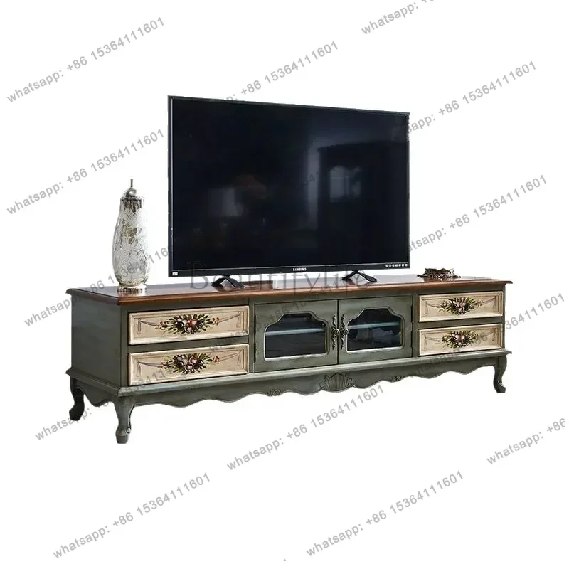PG Solid Wood TV Stand Coffee Table Retro Living Room Furniture Small Apartment Media Console Floor Cabinet Mediterranean Style