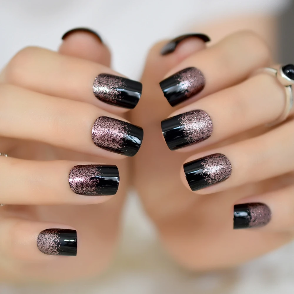 Black Light Soft Coffee Brown Glitter French False Nail Square Head Shimmer Fake Nails Tips Bride Daily Office Summer Wear