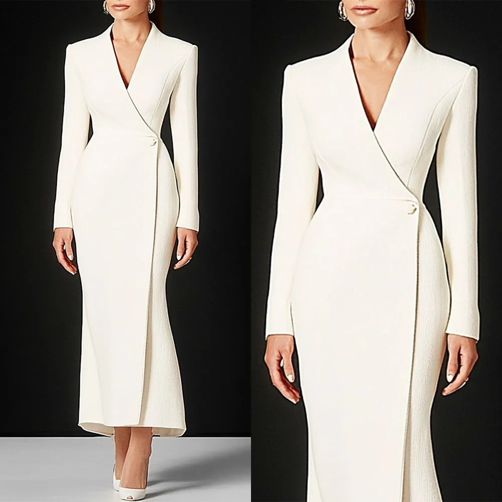 Vestidos Largos Blancos con Cuello en V de Alta Calidad, Personalizados, Hasta el Tobillo, con Mangas Largas, Vestidos en Liquidación, Envío Gratis, para Invitadas de Boda