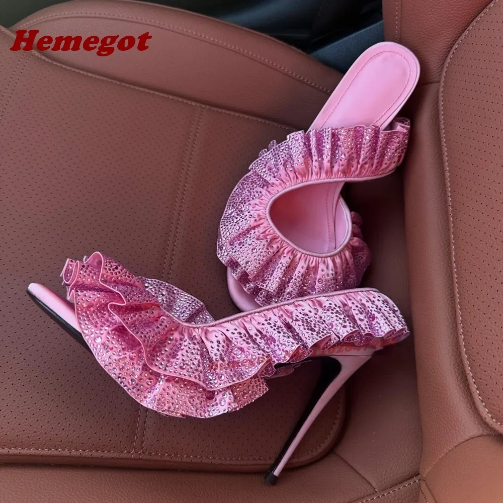 المفتوحة تو الجانب الهواء التجاعيد حافة الراين خنجر الكعوب أرجواني مطوي بلورات Slingback الصنادل الصيف الصنادل حذاء فاخر #1