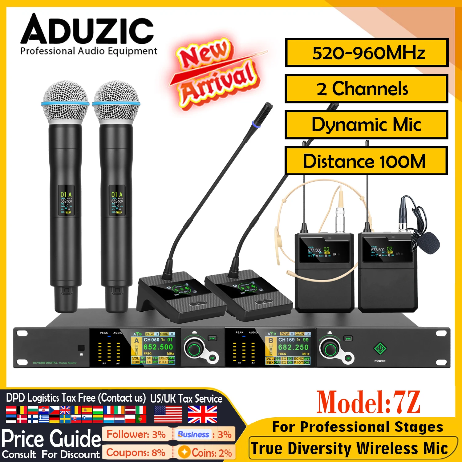 Sistema de Microfone Sem Fio Aduzic 7z TrueDiversity, 2 Canais, Microfone Dinâmico 640-960MHz UHF, Microfone de Mão e Lavalier para Palco
