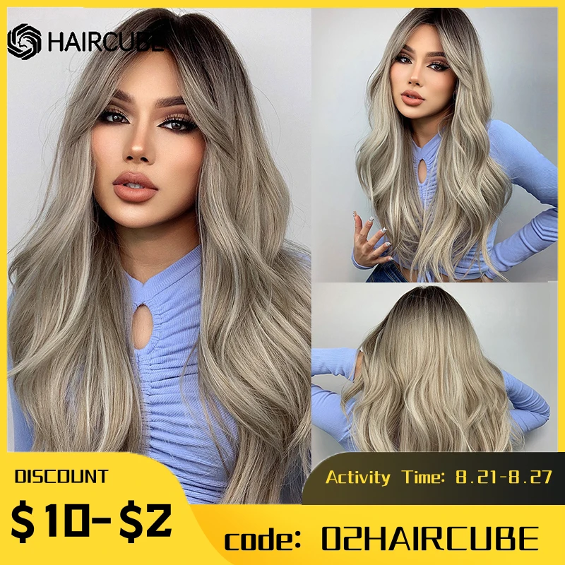 

HAIRCUBE Long Wavy Black Brown Gray Ombre Synthetic Wig with Bangs Cosplay Daily Natural Wig for Women Heat Resistant Hair