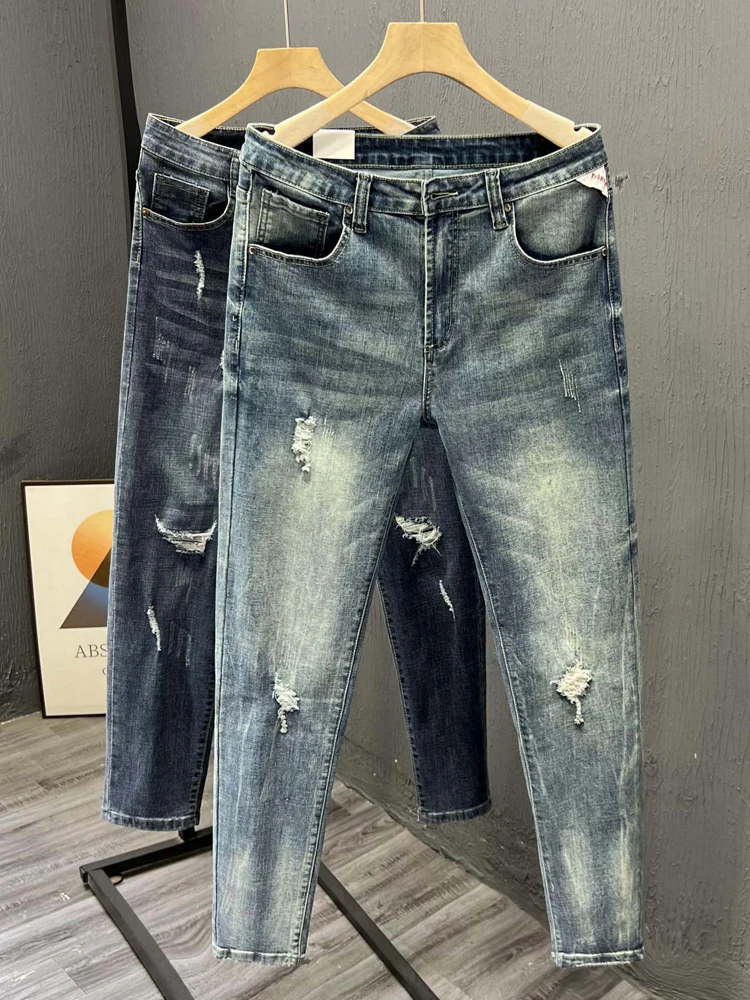 

Slim Fit Men's Jeans Summer Thin Denim Pants Waed Elastic Korean Sle Faionable Nine Points Long Trousers Youth Casual Wear