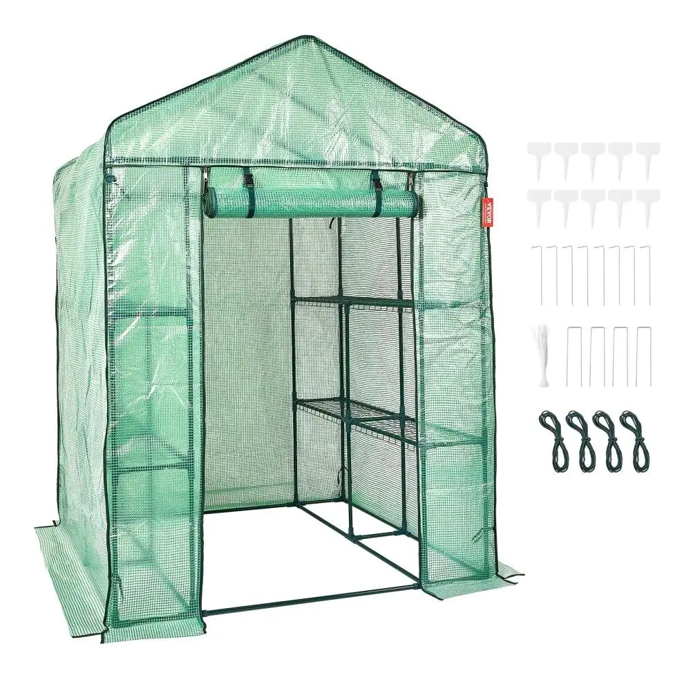 

Walk In Greenhouse 4.6x4.6x6.6ft with Shelves Storage PE Cover Zipper Door Steel Frame Assembly Easy