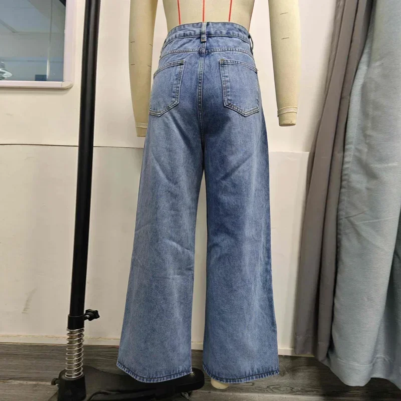 Jeans Manik-manik Longgar Pinggang Tinggi Celana Baggy Kasual Cocok Pakaian Jalanan Wanita Celana Panjang Kaki Lebar Serut Wanita