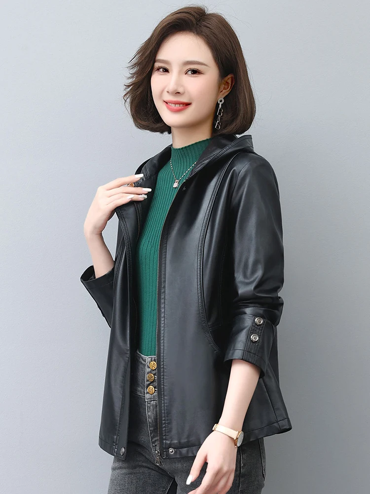 New Women Hooded Leather Jacket Spring Autumn Casual Fashion Long Sleeve Mum's Split Leather Outerwear Loose Tops Coat Winter