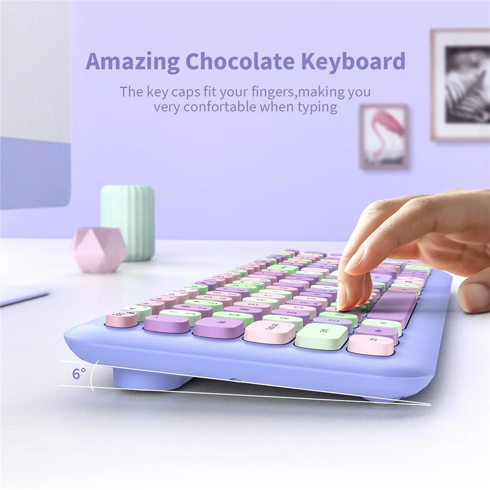 USB Wireless Keyboard and Mouse Combo 2.4GHz Full-Size Colorful Cute Keyboard Mouse Set with Retro Typewriter Round Keys