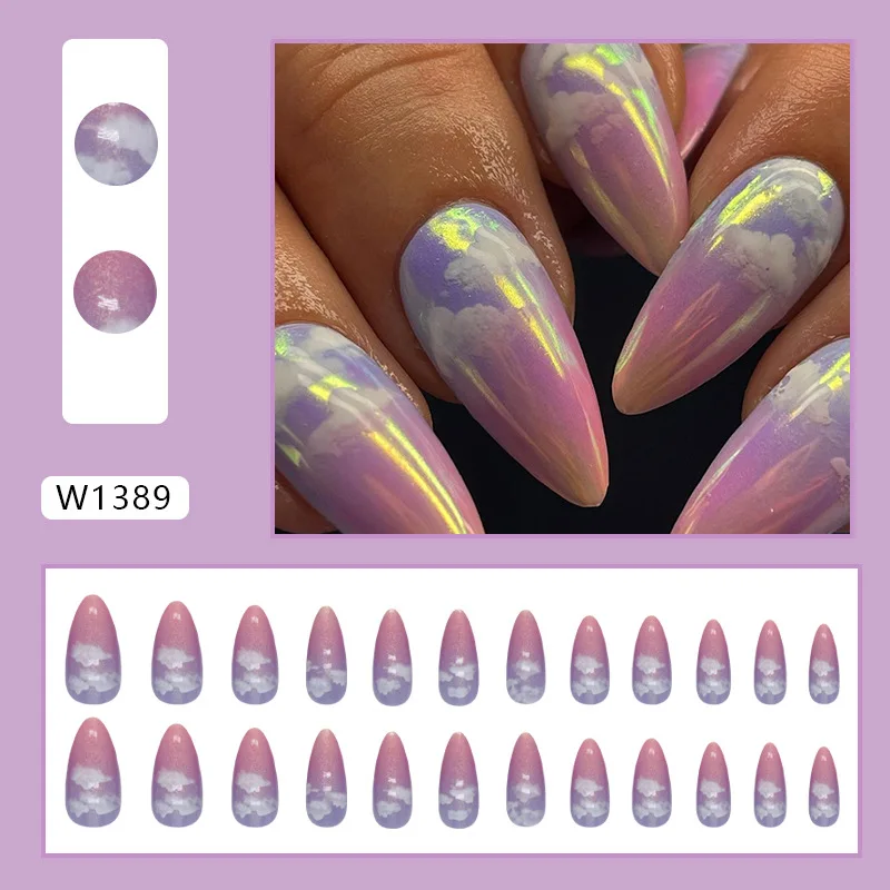 24pcs Dreamy Press-On Nails - Purple to Red Ombré With White Clouds Long Almond Fantasy Sky Style False Nails With Wearing Tools