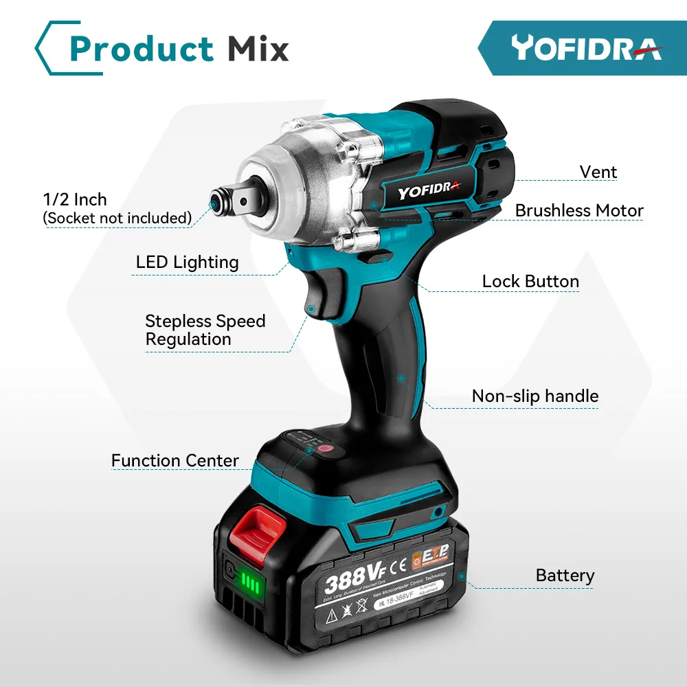 588N.m Brushless Electric Impact Wrench Cordless Rechargeable 1/2 inch Variable Adjustable Power Tools For Makita 18V Battery