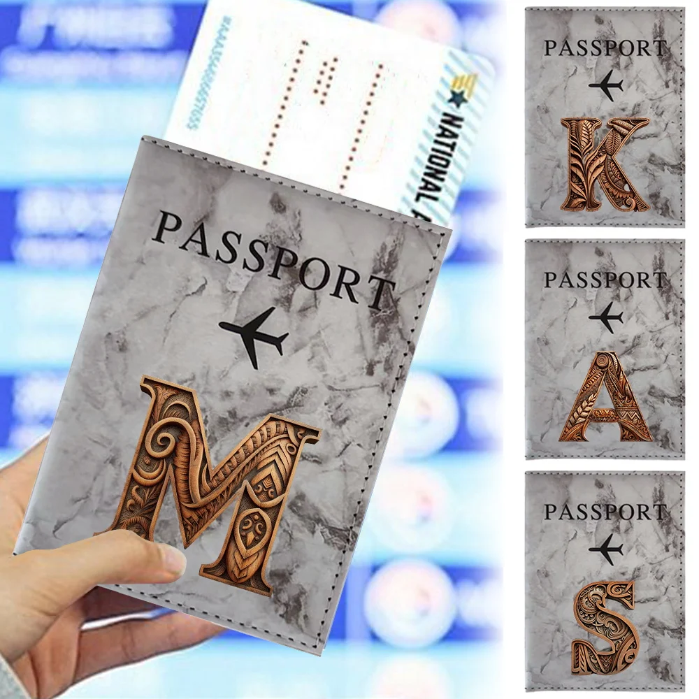 1PCS PU Leather Wallet Case Vintage Design Portable Business Passport Covers Holder Travel Accessories Wood Art Letter Printing