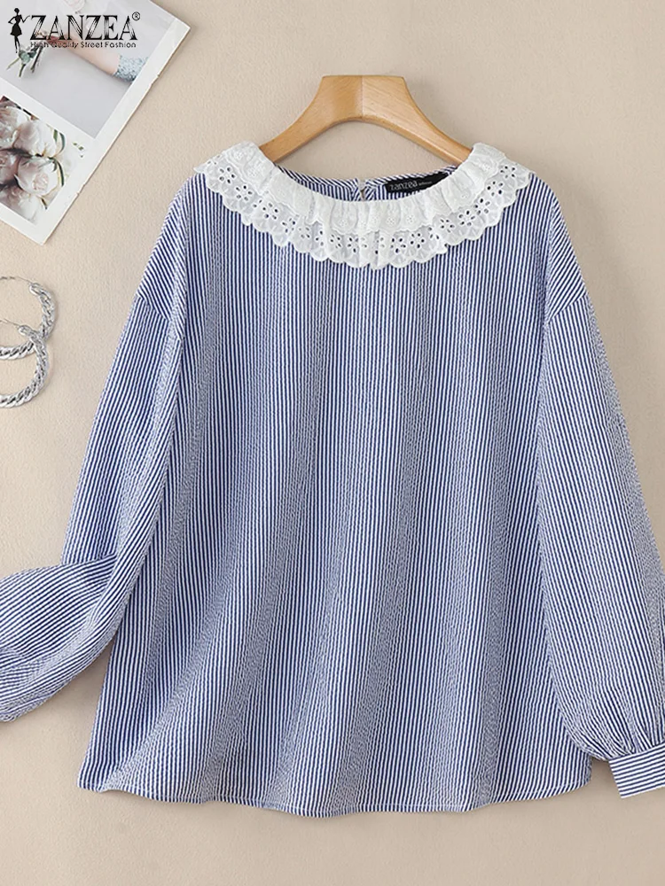 ZANZEA Long Sleeve Elegant Blusas O Neck Korean Fashion Autumn 2024 Casual Shirts Lace Trim Drop-shoulder Women Striped Blouses