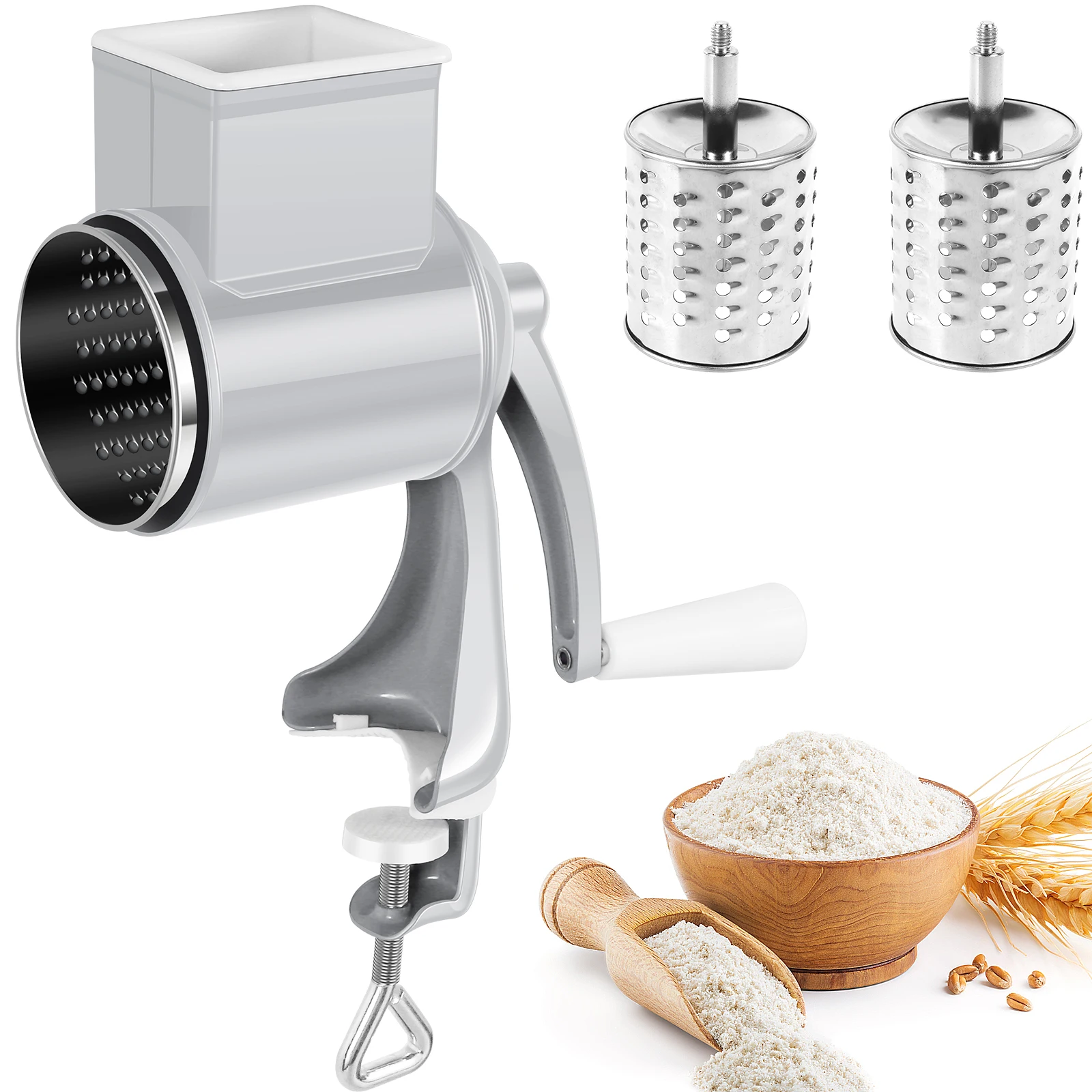 Hand Crank Grain Mill with Table Clamp Rustproof Manual Food Grinder with 2 Replacement Blades Multifunctional Hand Grain Mill