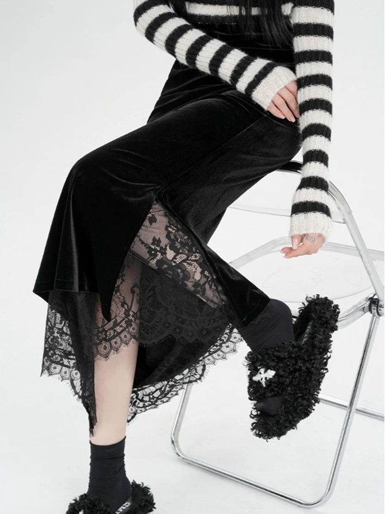 

Lace Black Velvet Slim Half Skirt 2025 Women's Autumn Winter New High Waisted Elegant Temperament A-line Skirt Slit Skirt