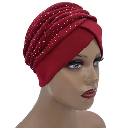 Glitter Diamond Pleated Turban Hat for Women Muslim Headscarf Cap Lady Head Wrap Bonnet Fashion Hijab Turbans African India Hats